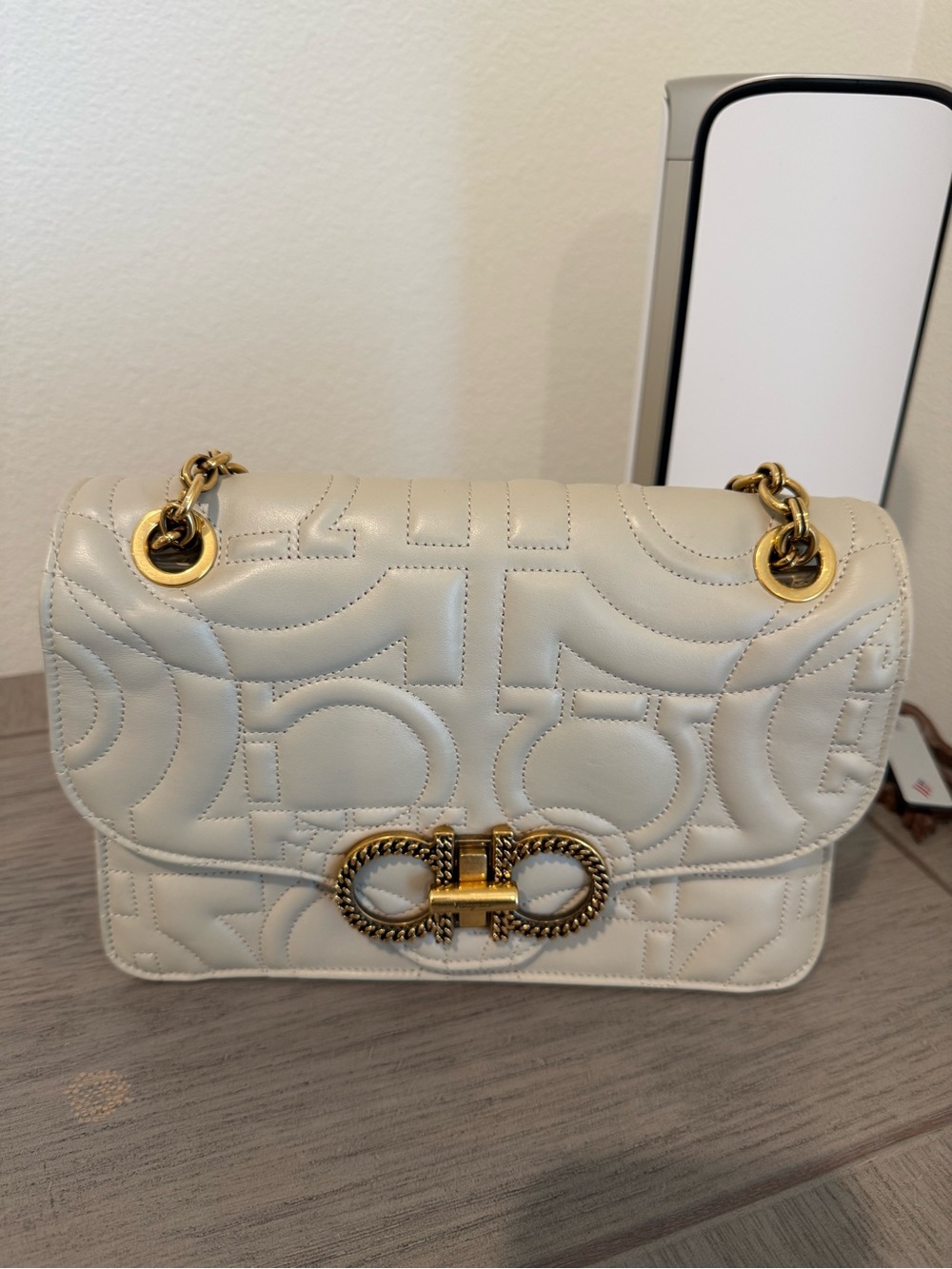 Salvatore Ferragamo Cream Quilted Leather Shoulder Bag with Gold Hardware